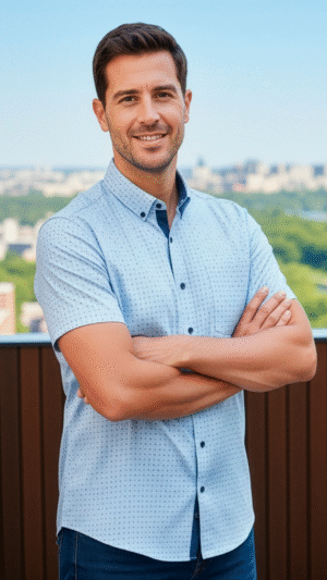 Camisa de manga corta azul claro para hombre con micro-patrón, fabricada en mezcla de algodón y poliéster.