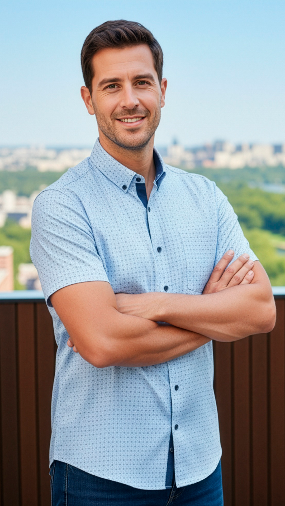 Camisa Casual Chic Algodón/Poliéster | Calidad Premium Moda Urbana KNS Camisa de manga corta azul claro para hombre con micro-patrón, fabricada en mezcla de algodón y poliéster.