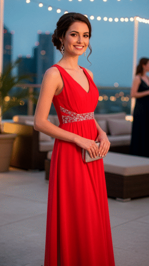 Vestido de gala largo de gasa roja para mujer con escote en V, faja de pedrería y espalda descubierta estilo halter.