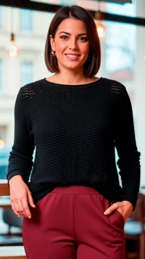 Jersey de punto negro para mujer con cuello barco y textura waffle (o de panal), de manga larga.