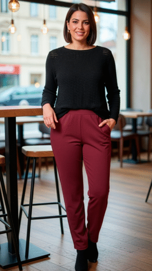 Pantalón ajustado de cintura elástica para mujer, confeccionado en tejido elástico de alta calidad con tiro alto.