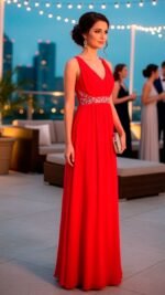 ETERNA | Vestido largo gala pedrería | Espalda Abierta | Gasa Roja