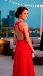 ETERNA | Vestido largo gala pedrería | Espalda Abierta | Gasa Roja