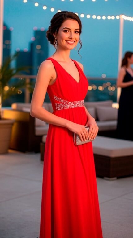 ETERNA | Vestido largo gala pedrería | Espalda Abierta | Gasa Roja