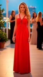 MAGIA | Vestido de Gasa Rojo Halter | Cuentas | Fiesta Formal