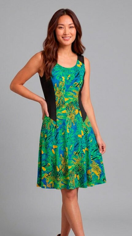 Vestido corto evasé modelo Michelle de confección propia con laterales a contraste estilizadores y estampado Hojas de Palma - KNS Boutique.