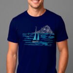 Camiseta algodón diseño artesanal Trazo hombre, color azul marino, con estampado Caleta en arte lineal