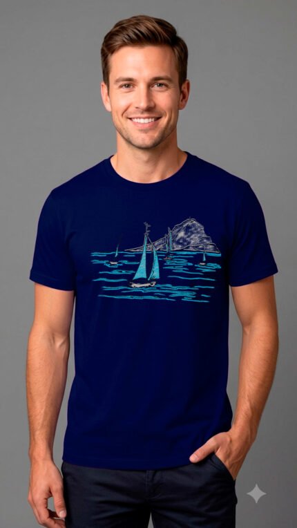 Camiseta algodón diseño artesanal Trazo hombre, color azul marino, con estampado Caleta en arte lineal
