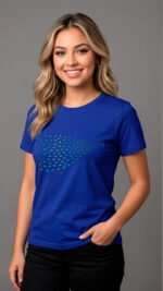 Camiseta algodón diseño artesanal Musa, color azul royal, con estampado de banco de peces dibujado a mano