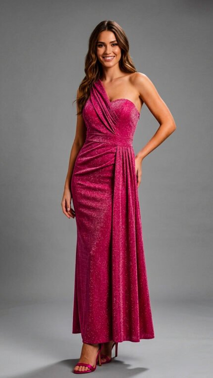 Vestido de graduación largo asimétrico en fucsia vibrante, vista frontal drapeada