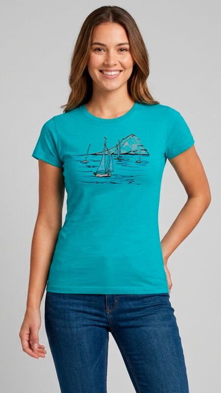 Camiseta algodón diseño artesanal Musa, color turquesa, con estampado a mano de veleros y costa