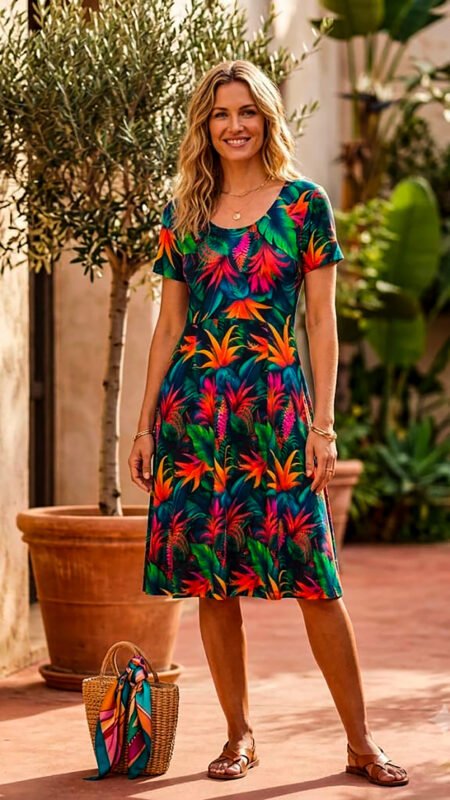 Vestido midi corte imperio estampado tropical selvático multicolor